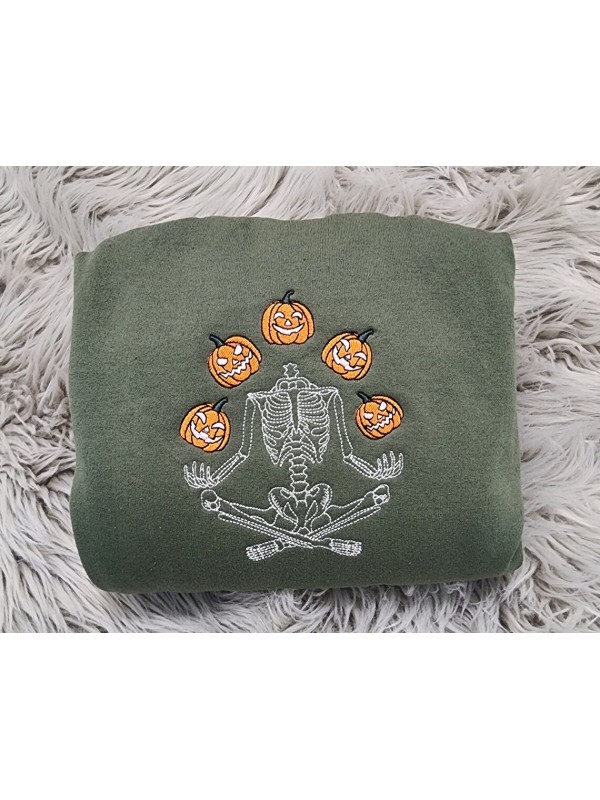 Skeleton Throwing Pumpkin Embroidered Sweatshirt