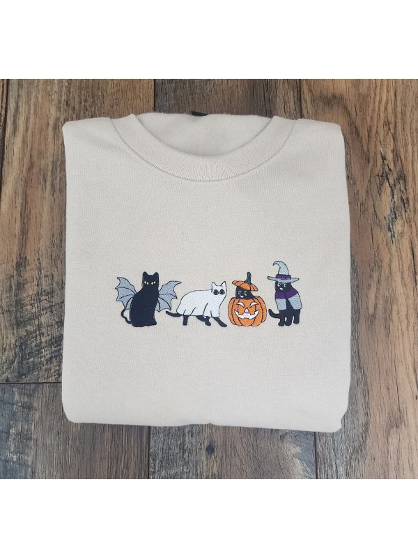Ghost Cats Halloween Embroidery Sweatshirt